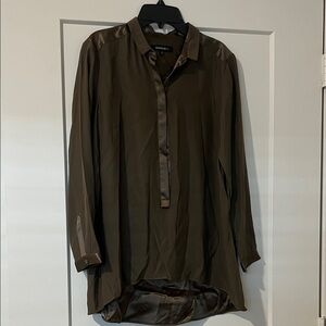 Lafayette 148 New York Olive Satin-Trim Button Placket Shirt